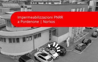 Operai Norkos al lavoro per l'impermeabilizzazione delle coperture nell'area Ex Fiera a Pordenone (PNRR).